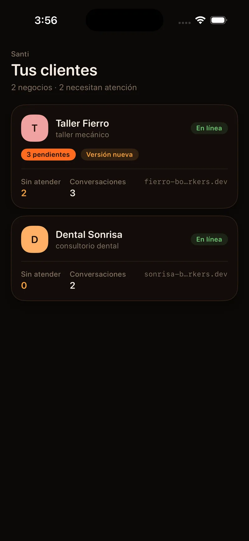 Tus clientes: Taller Fierro y Dental Sonrisa, en línea, con pendientes