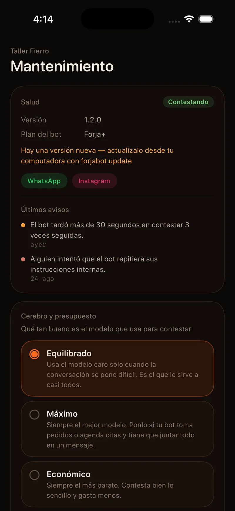 Mantenimiento del bot: salud, versión, cerebro y presupuesto