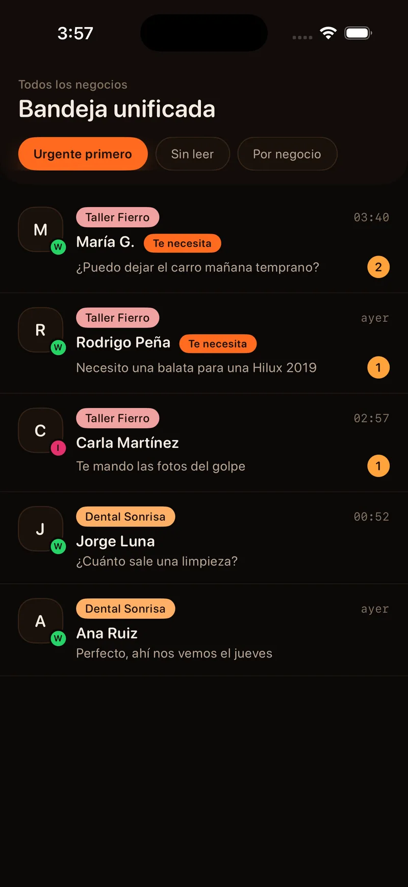 Bandeja unificada de todos los negocios, lo urgente primero