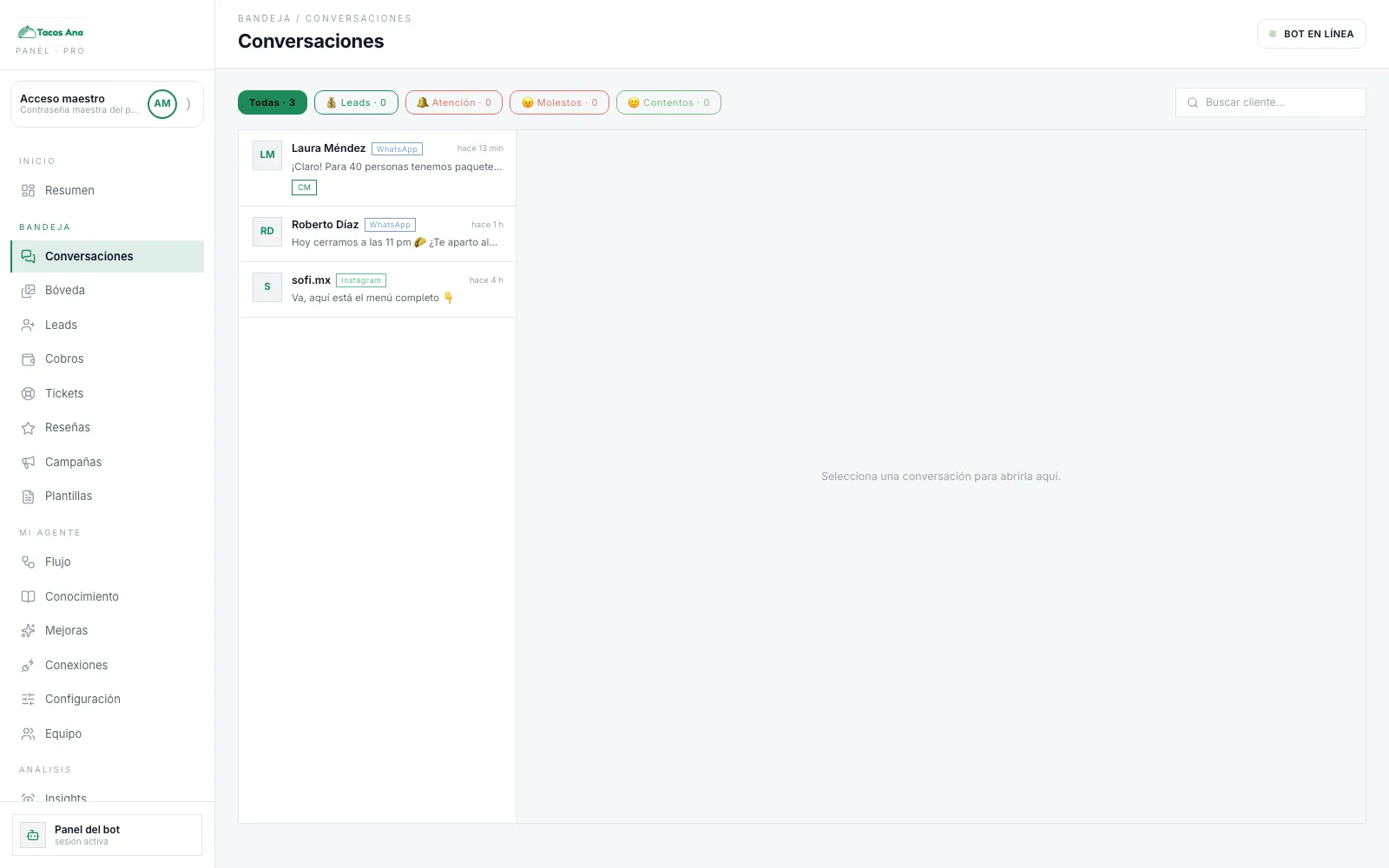 La bandeja del panel de Tacos Ana con tres conversaciones de WhatsApp e Instagram