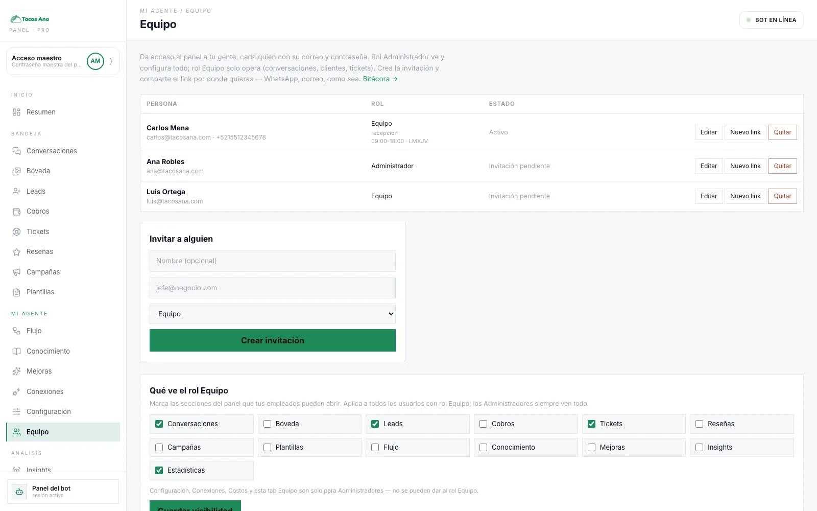 La tab Equipo del panel del cliente con tres accesos y la sección Qué ve el rol Equipo