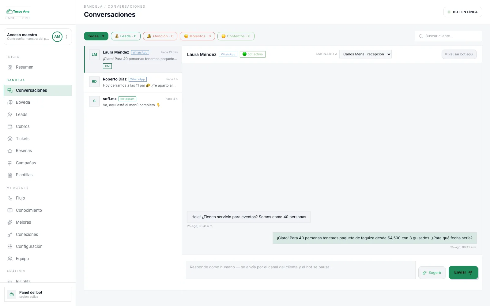 Una conversación de WhatsApp abierta en el panel, asignada a Carlos Mena de recepción, con el bot activo