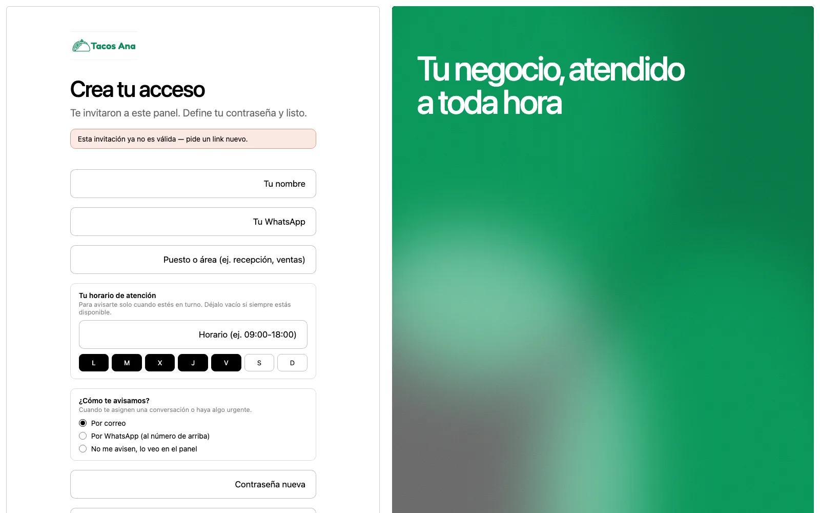 La página donde el jefe del cliente crea su acceso: con la marca del negocio, nombre, WhatsApp, puesto, horario y contraseña