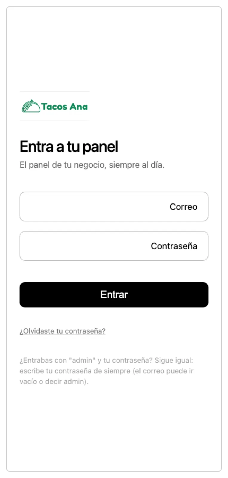 El login del panel en un teléfono: logo, campos y botón, sin el panel lateral